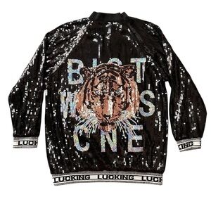 RARE Aikha Tiger Sequin Black Bomber Jacket, M/L